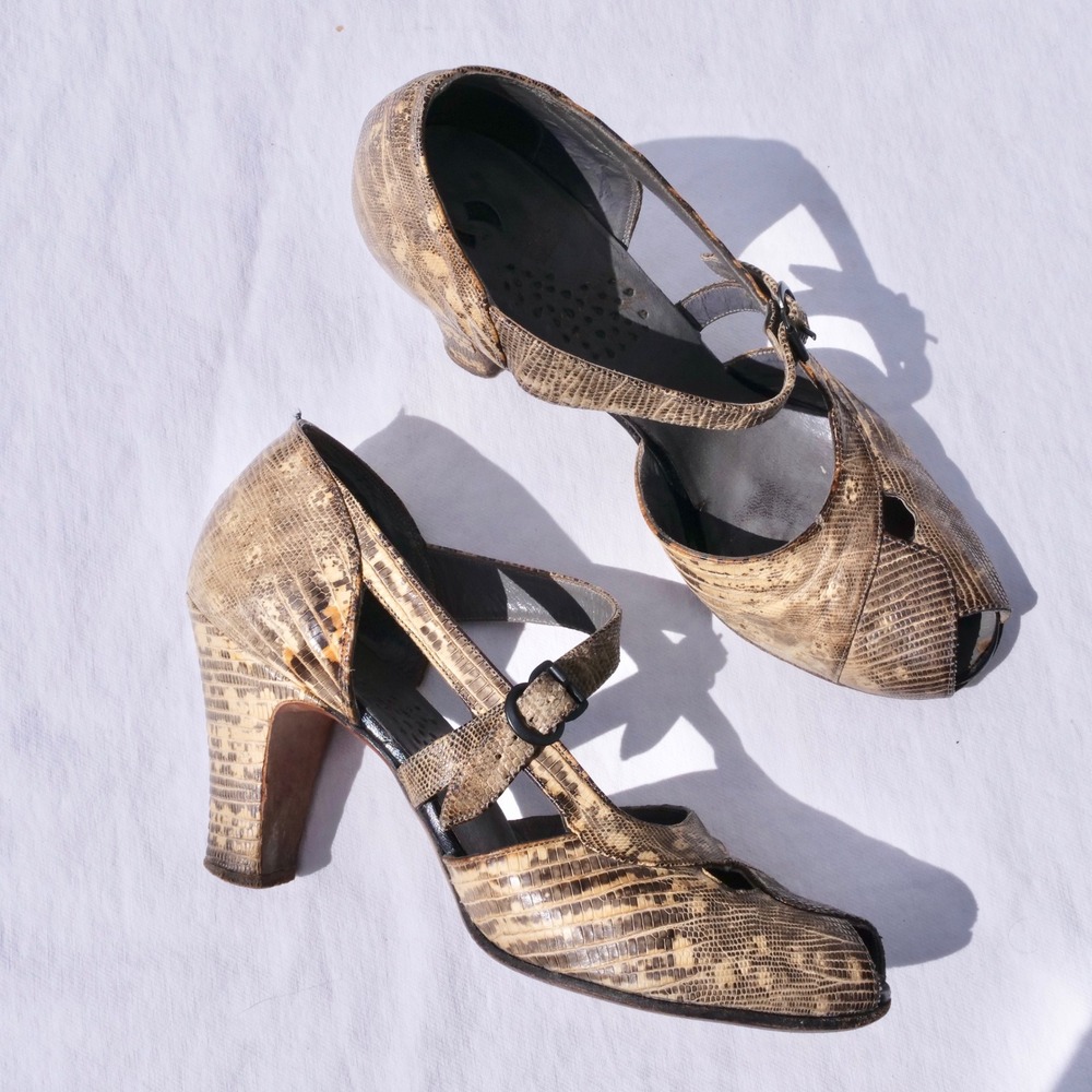 Vintage 1940s Peacock Shies snakeskin peep toe heels - sz‎ 6.5/7